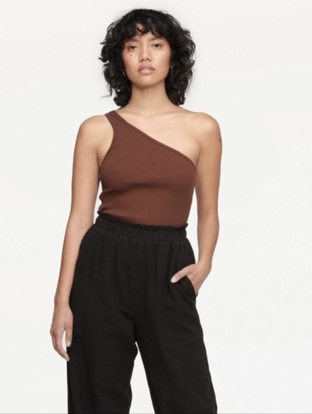 LACAUSA One Shoulder Rib Knit Tank Made In The USA Chocolate Brown Medium